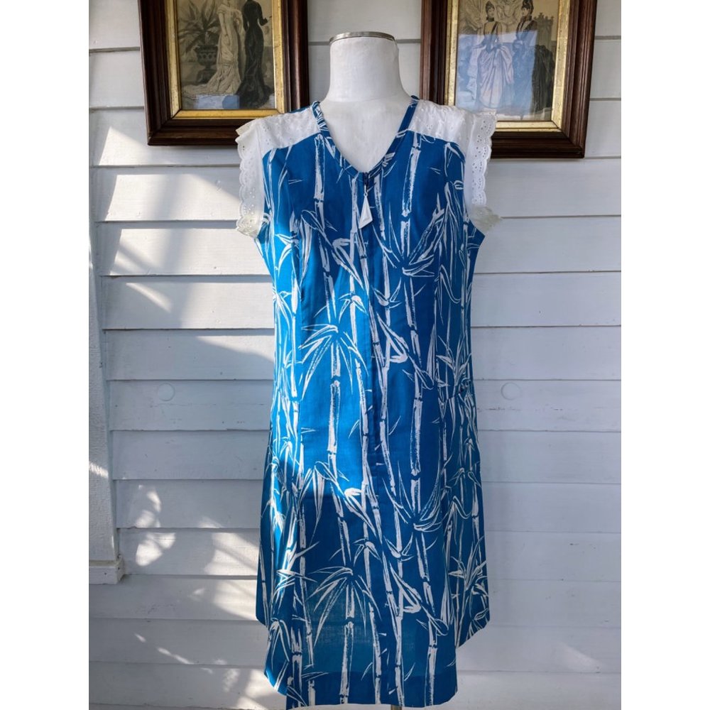 Vintage 1970s Bamboo Print Blue House Dress Eyelet Lace XL - Picture 12 of 14